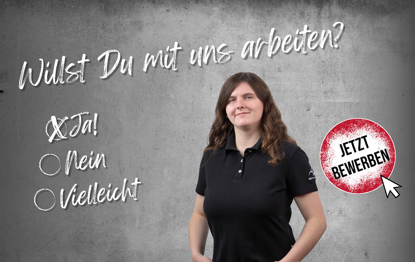 Header_Alissa_mobile Frau in schwarzem Polo-Shirt vor grauem Hintergrund mit Text 'Willst Du mit uns arbeiten?' und Auswahlmöglichkeiten 'Ja!', 'Nein', 'Vielleicht', daneben roter Button 'Jetzt bewerben'