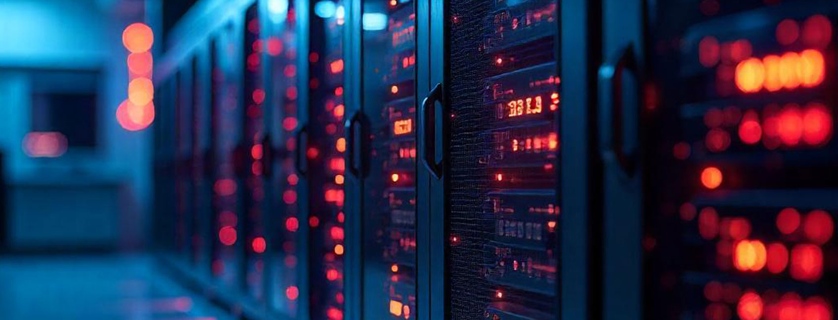 Ein futuristischer IT-Server mit holografischen Displays, schlankem Design und leuchtenden Komponenten, aufgestellt in einem sterilen Hightech-Labor, aus niedriger Perspektive aufgenommen.