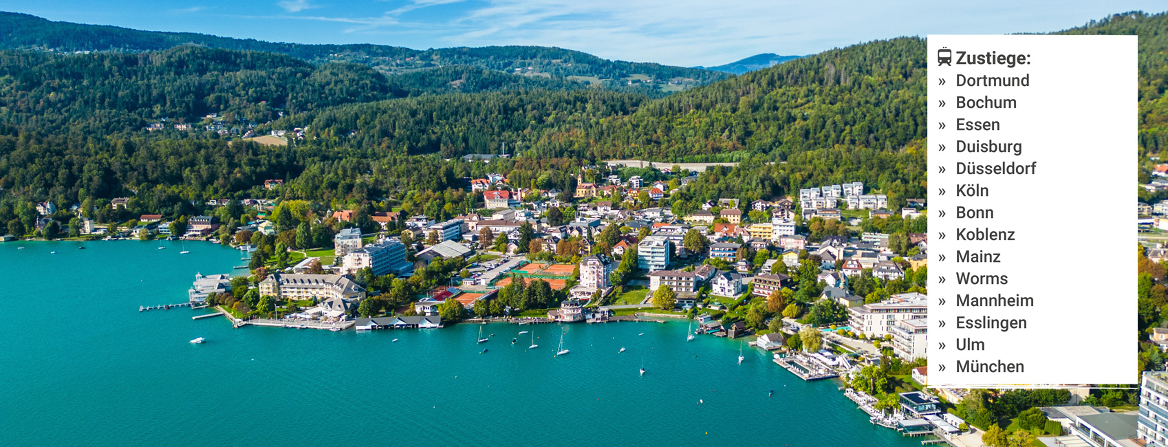 Luftaufnahme vom türkisblauen Wörthersee mit Blick auf Pörtschach