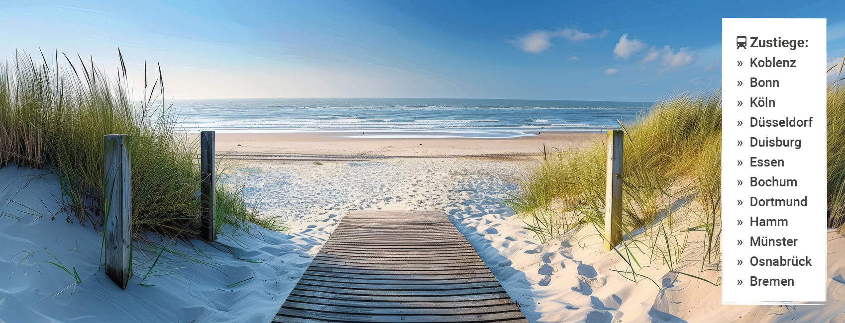 Holzsteg durch die Dünen zum breiten Sandstrand an der Ostsee mit Blick auf das Meer.