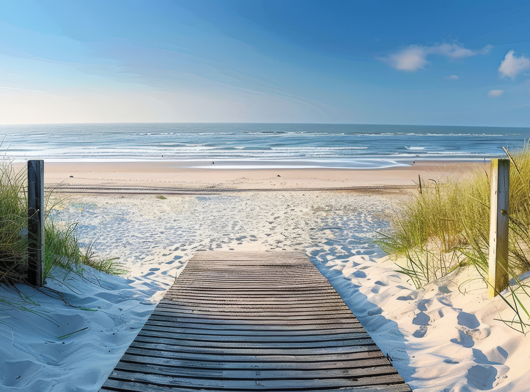 Holzsteg durch die Dünen zum breiten Sandstrand an der Ostsee mit Blick auf das Meer.