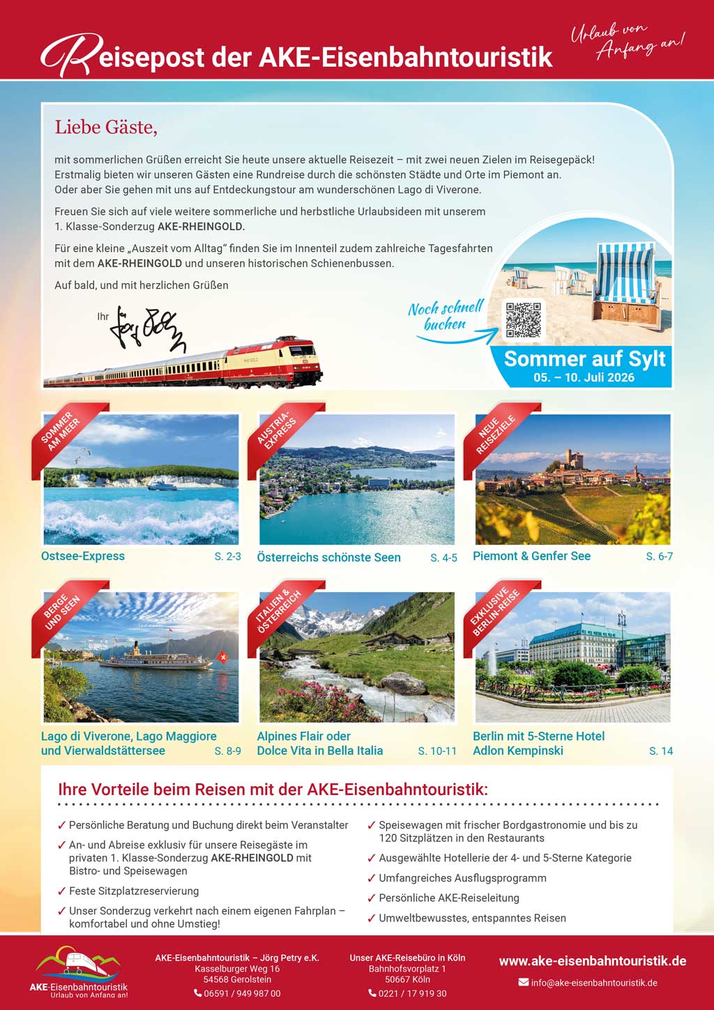 Zu sehen ist die Titelseite des Mailings von Mai 2026 mit den Sommer- und Herbstreisezielen
